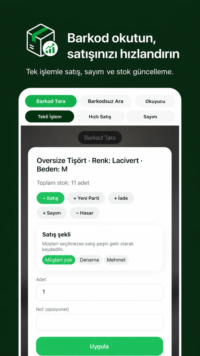 Stokit telefonla barkod okutarak stok hareketi kaydetme ekranı