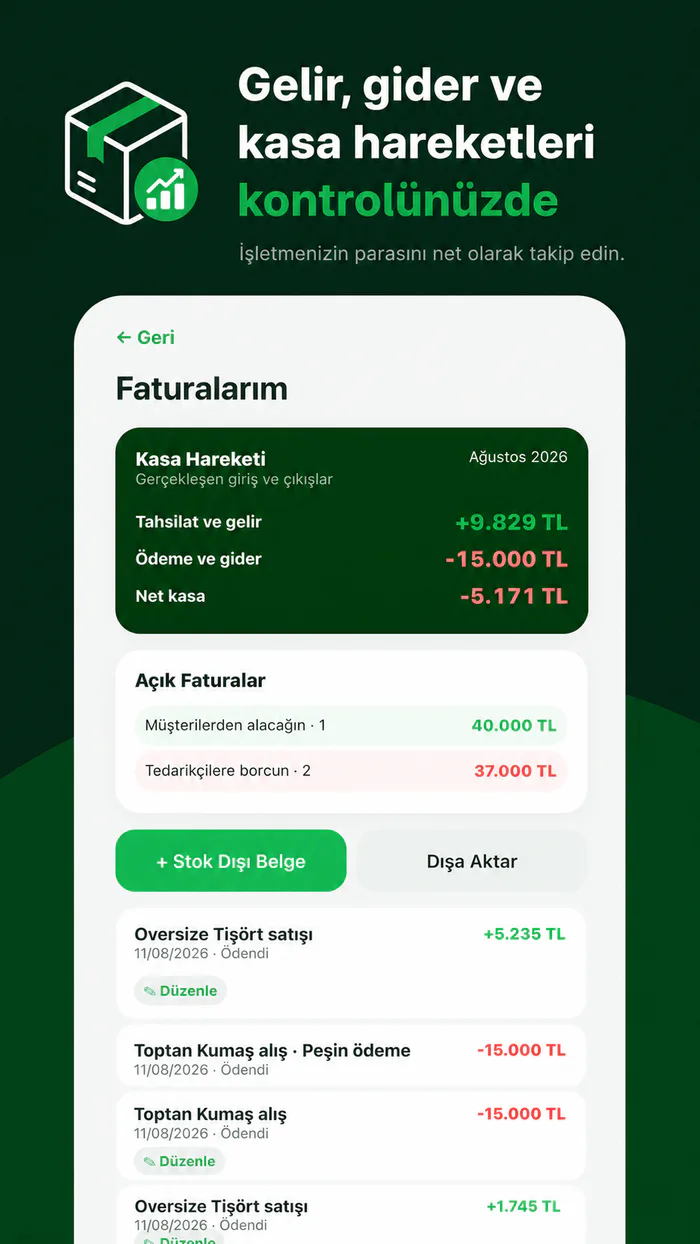 Stokit gelir gider ve kasa hareketleri takip ekranı