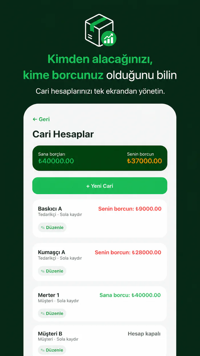Stokit müşteri ve tedarikçi cari hesap takip ekranı
