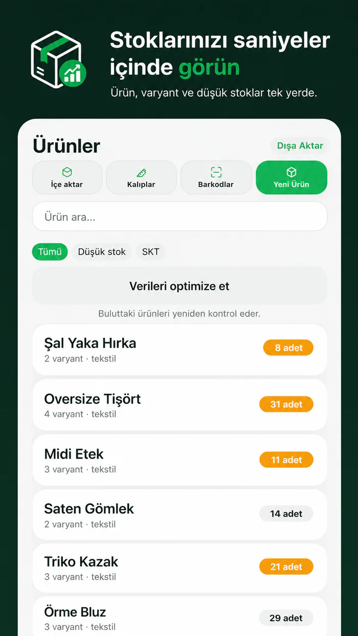 Stokit ürün, varyant ve düşük stok yönetimi ekranı